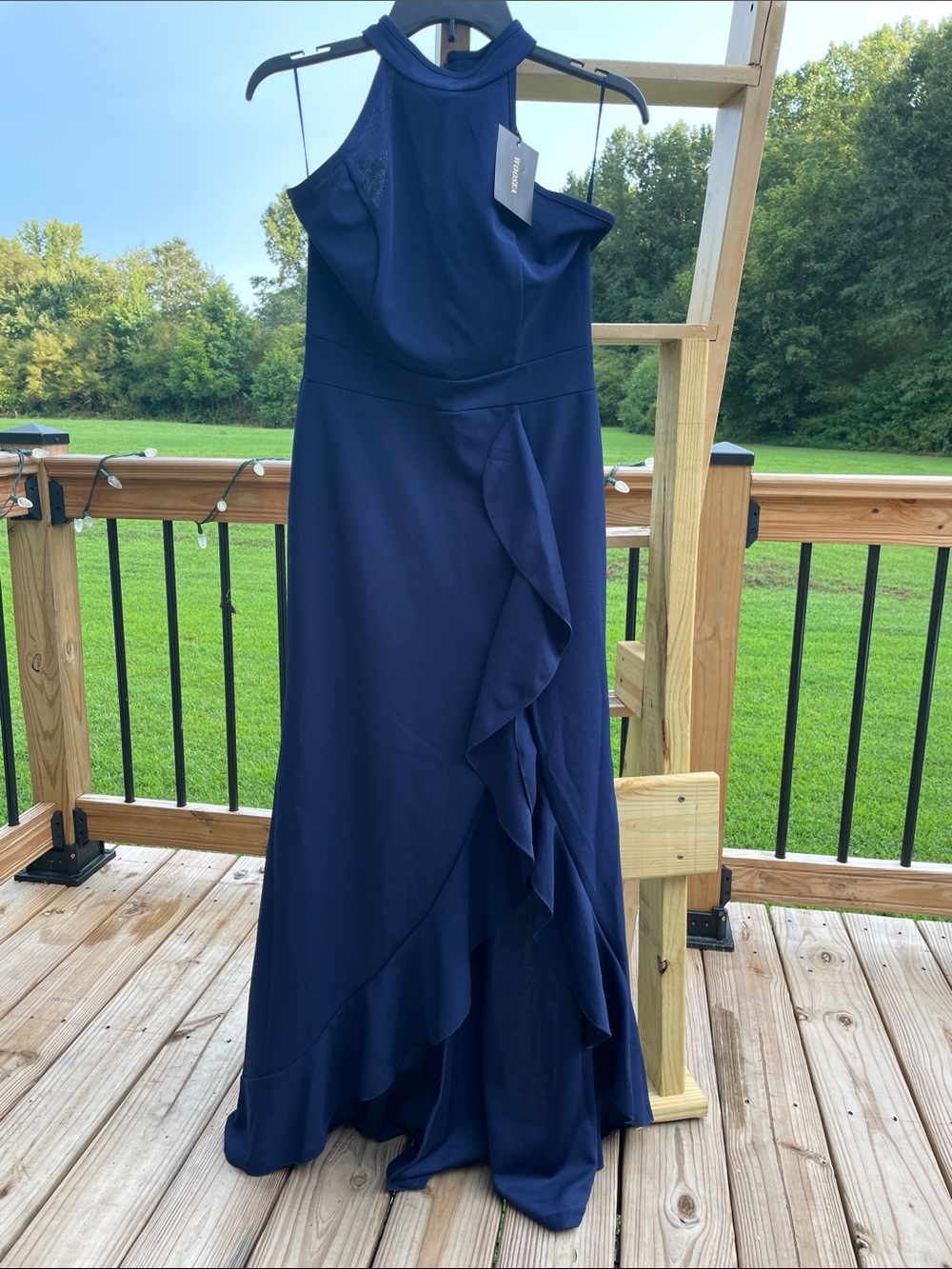 Navy Halter Ruffle Maxi Dress
